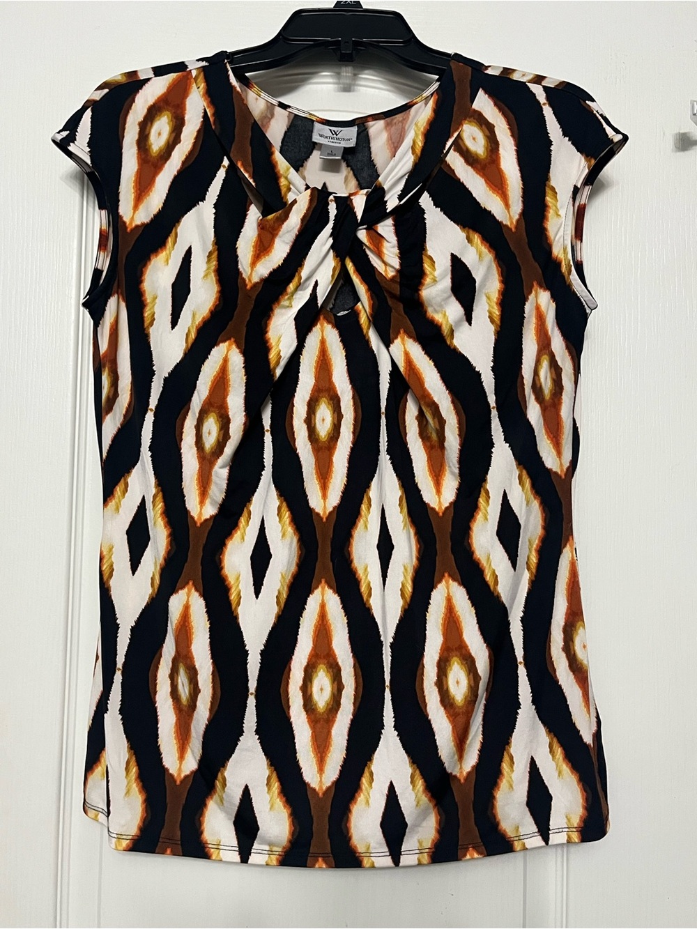 Worthington Black, Brown & Cream Patterned Cap-Sleeve Blouse